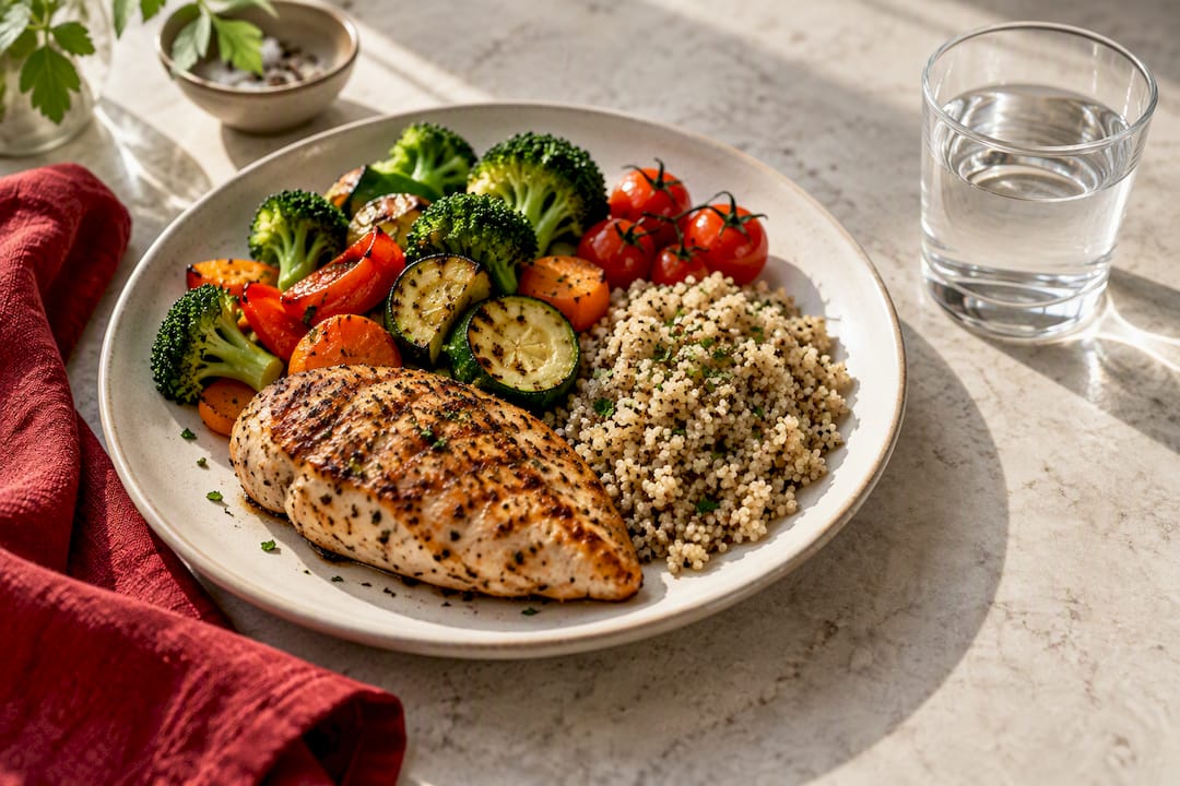 Balanced meal and water supporting steady energy