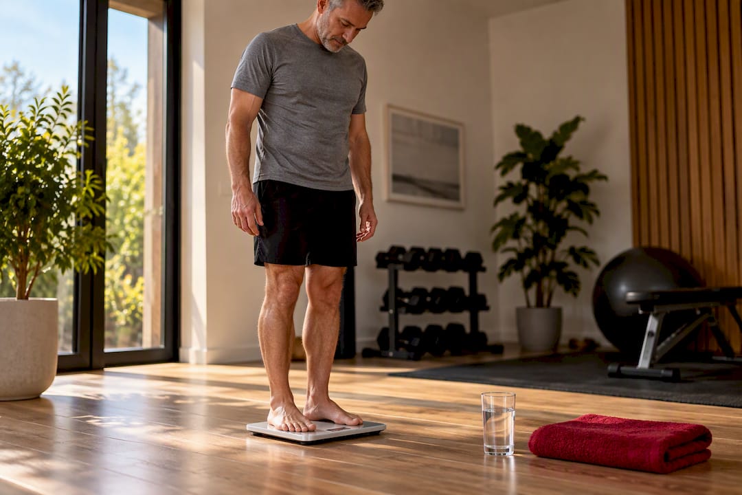Exerciser checking body weight after workout