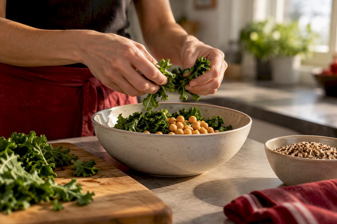 Hands preparing fiber-rich vegetables and legumes