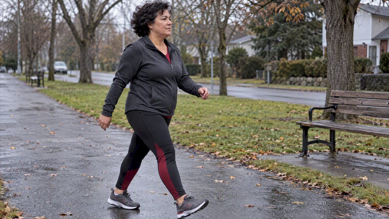 Middle-aged adult taking a brisk walk