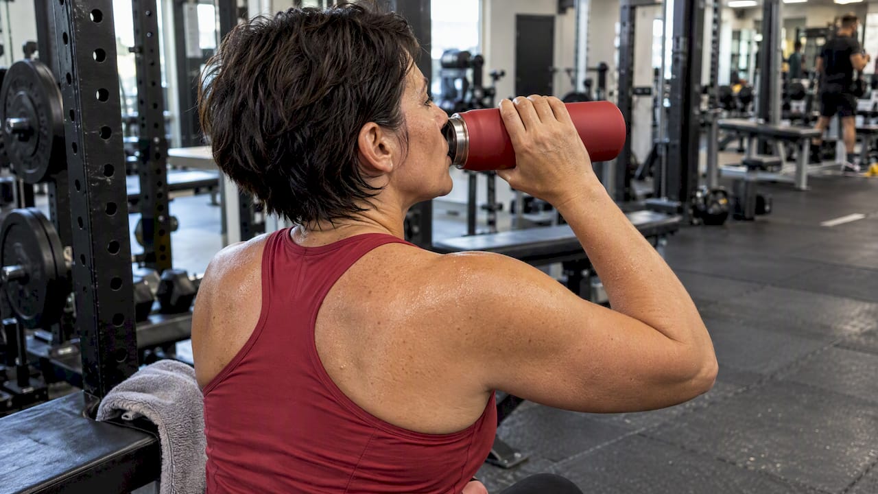 Athlete sipping water during gym workout
