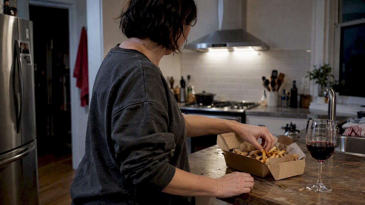 Woman reaching for fries after drinking