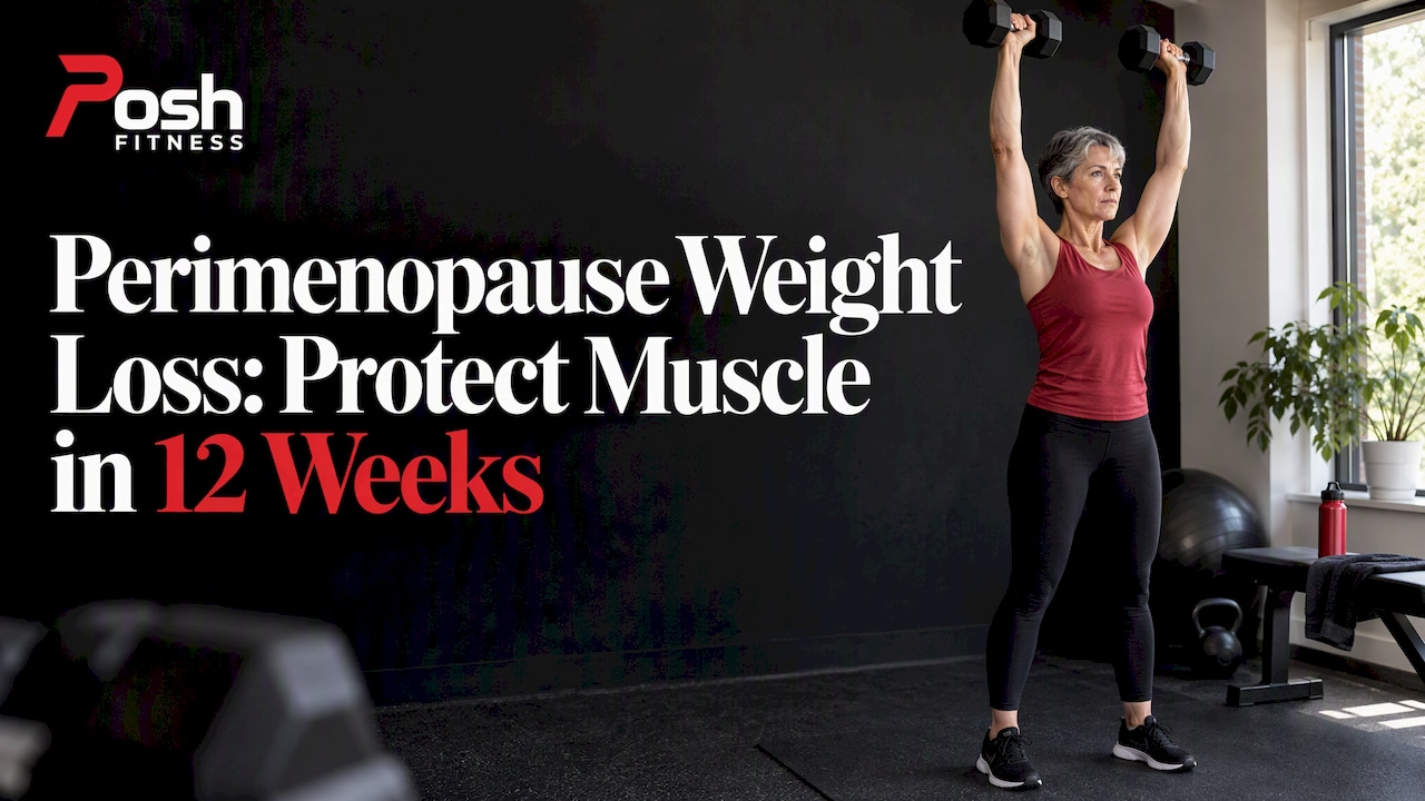 Midlife woman pressing dumbbells at home