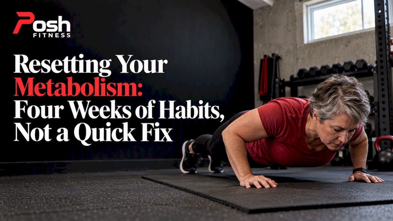 Middle-aged woman performing a push-up at home
